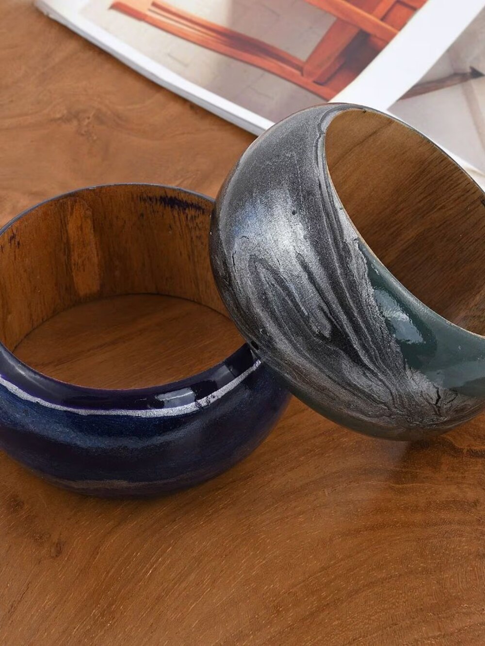 Unique Set of 2 Green and Purple Wooden 8.00 ctw Bangle Bracelet (7 In) - NEW